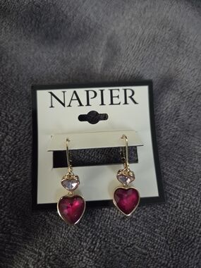 NWT Napier Gold-Tone Heart Drop Earrings with Pink Stones